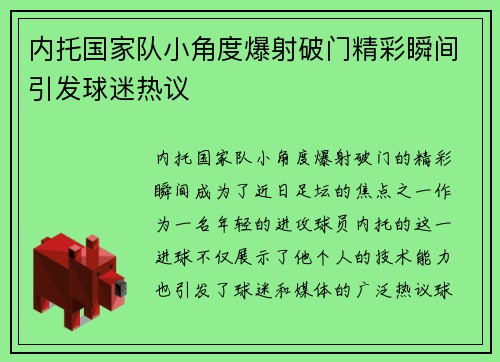 内托国家队小角度爆射破门精彩瞬间引发球迷热议
